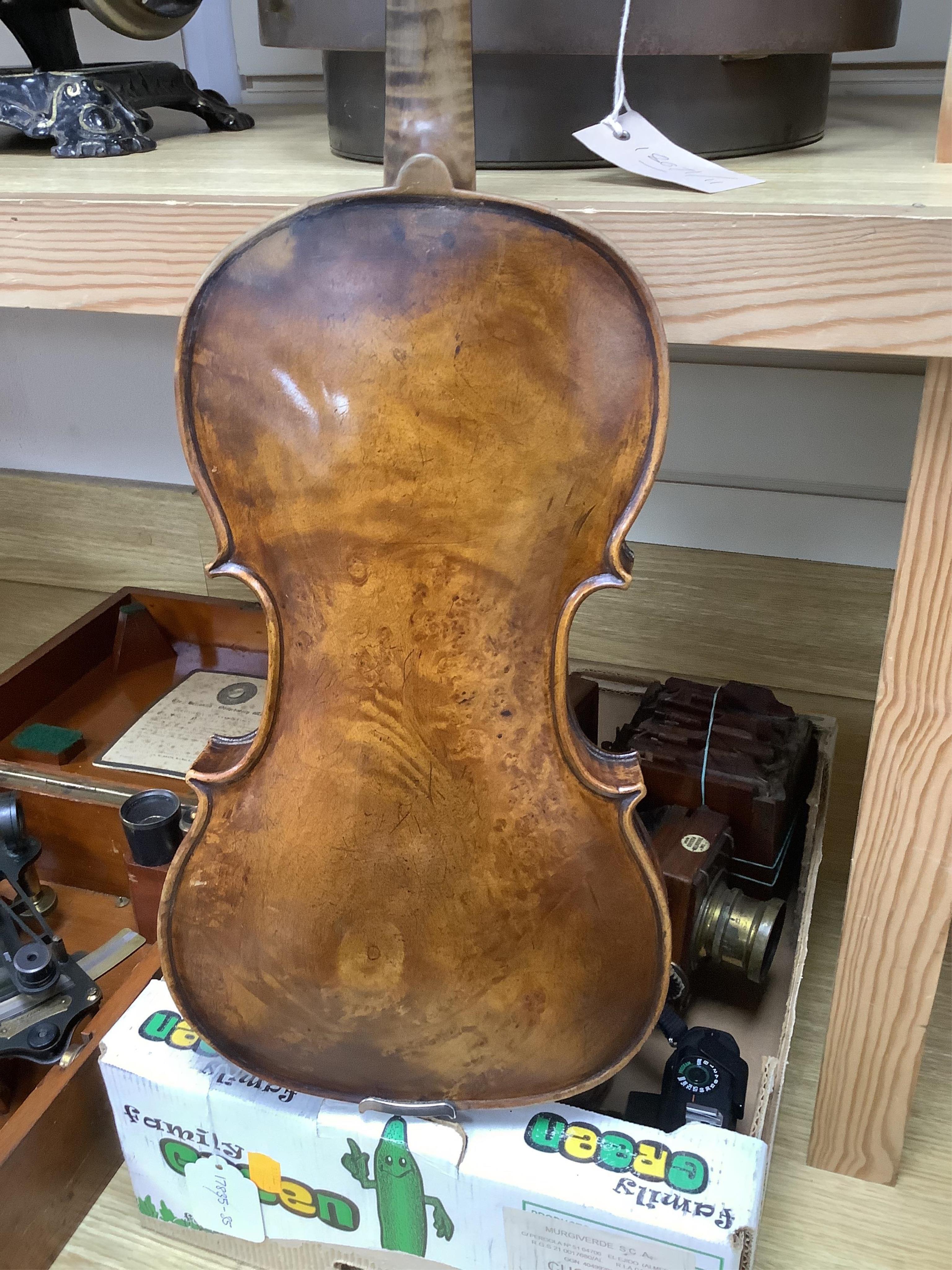 An interesting late 18th century violin, with one piece bird’s eye maple back, unsigned, with two silver fully mounted octagonal bows, one stamped Voight CITES Submission reference, 3XFNUBT7 and Submission reference, RHL